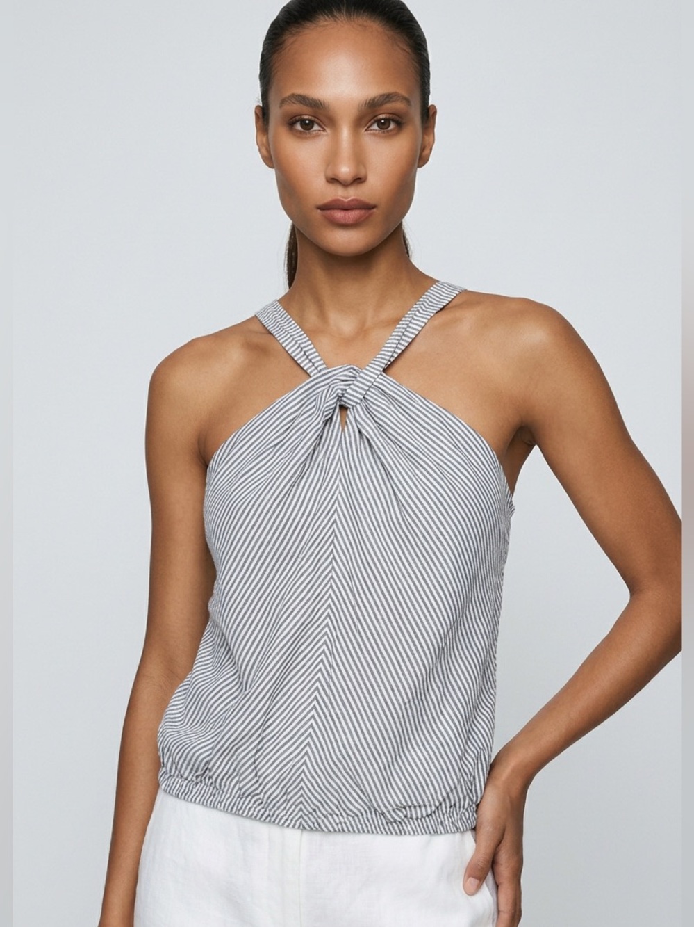 Striped Tie-Neck Halter Top in Gray and White size L NWOT